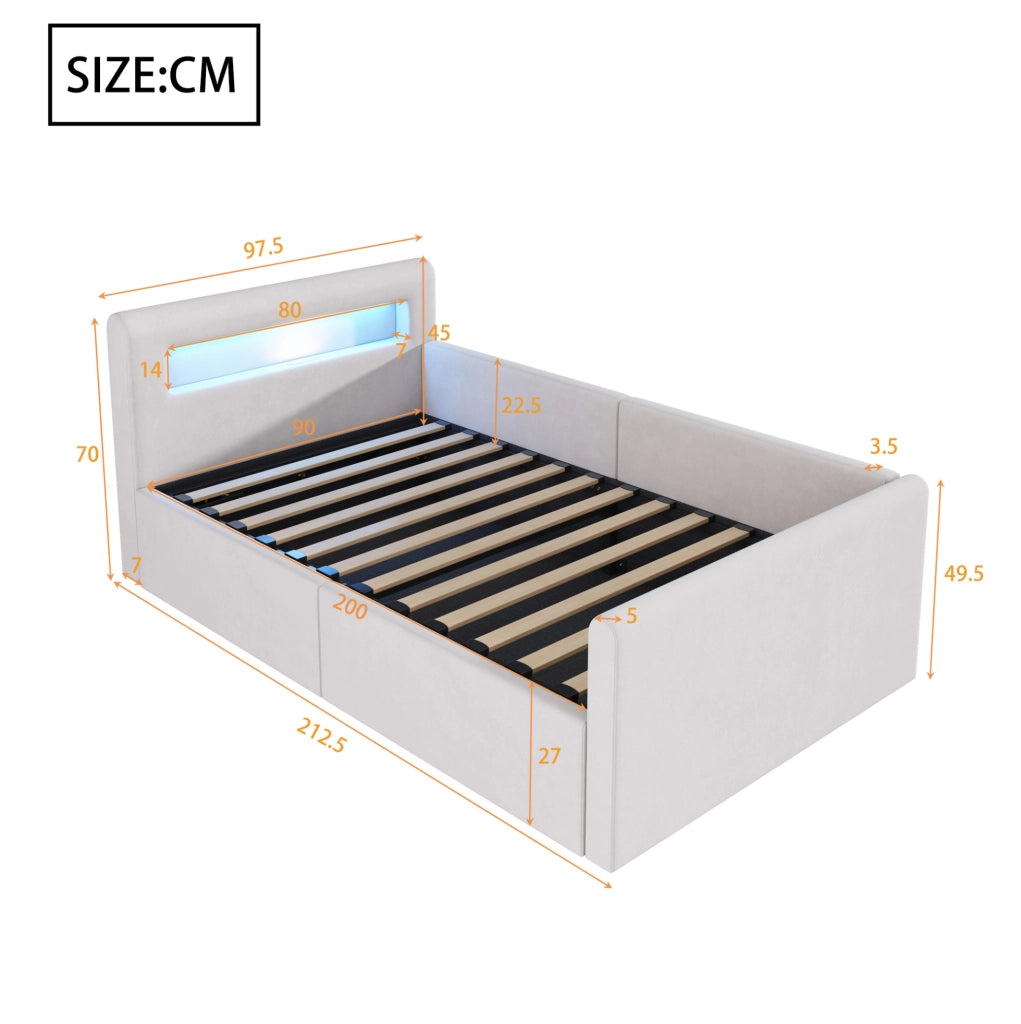 Letto imbottito 90x200 cm con LED; luce notturna; USB e contenitore in velluto beige
