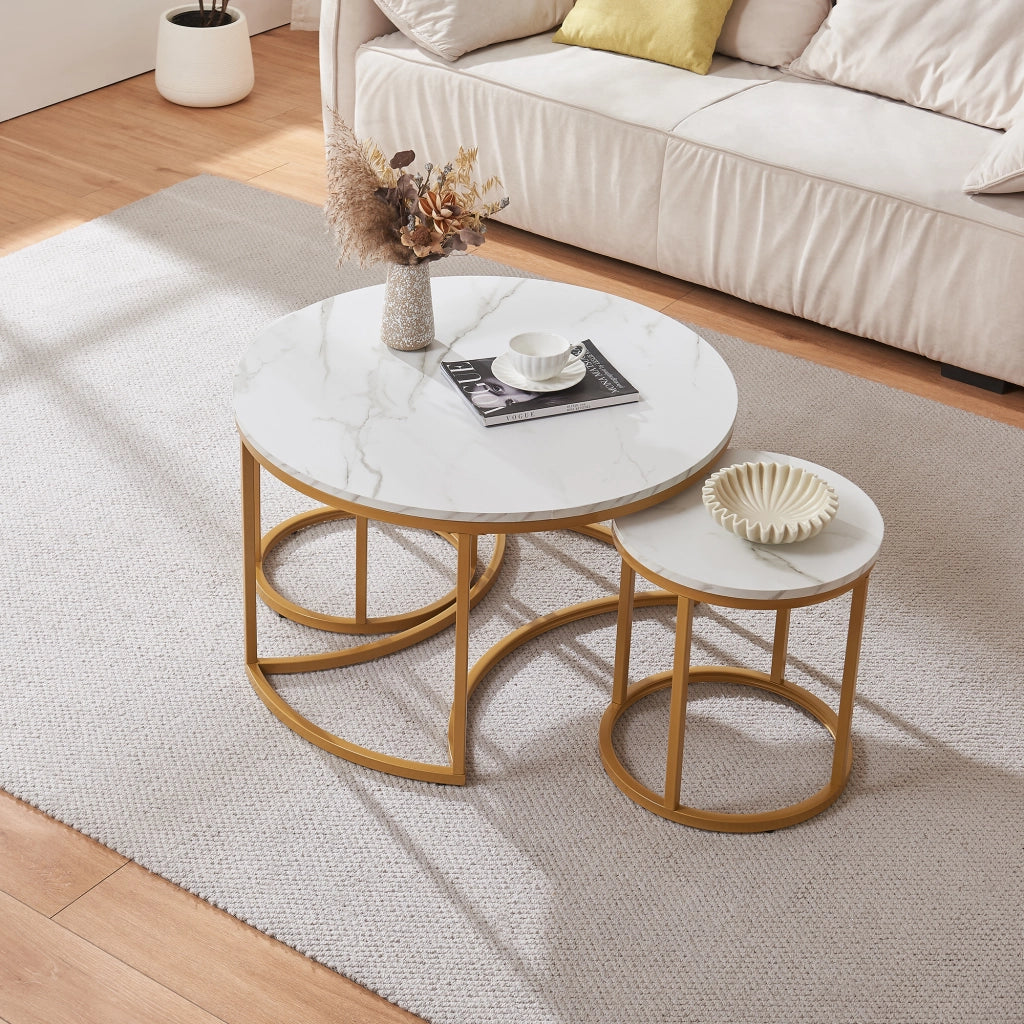 Set Christchurch 3 Tavolini Sovrapponbili con Piani Rotondi - Effetto Marmo Bianco / Oro [en.casa]