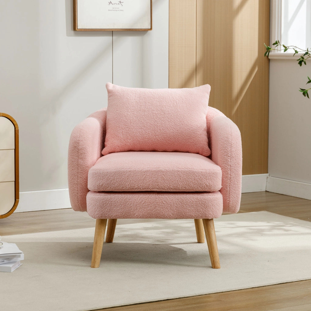 Poltrona in tessuto teddy con cuscino lombare e seduta spessa 14 cm in legno massello rosa per relax quotidiano