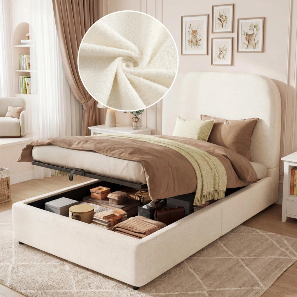Letto per bambini 90x200 cm con contenitore idraulico; tessuto bouclé beige