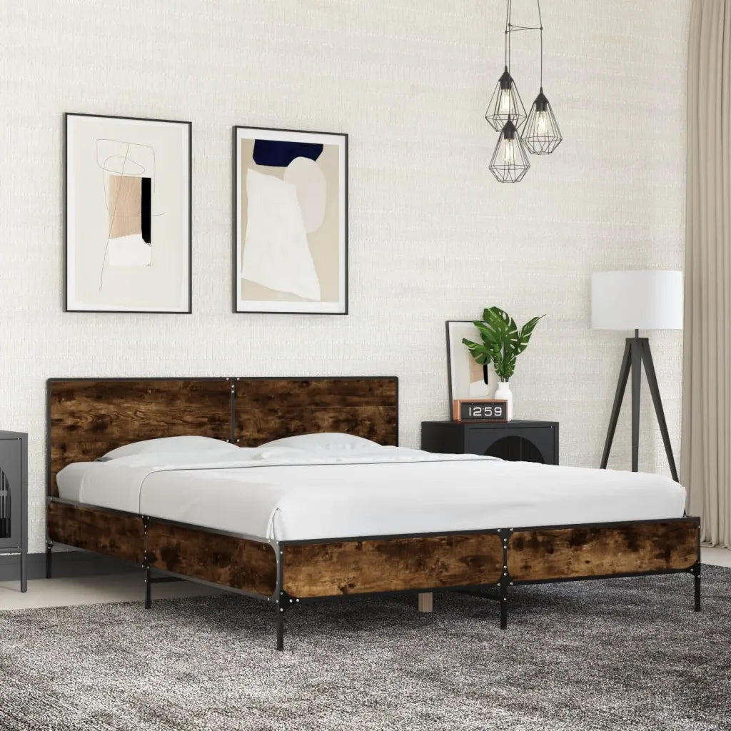 Letto matrimoniale | Letto per adulti | Giroletto Rovere Fumo 150x200 cm in Legno Multistrato Metallo