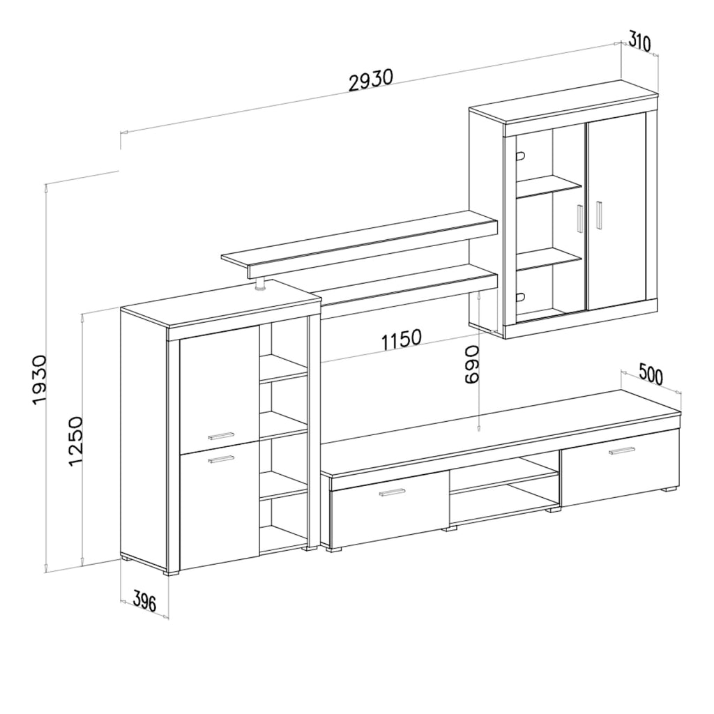 Parete Attrezzata Moderna Per Salotto Soggiorno Con Vetrinetta Ante Mensole Vani A Giorno Mobile TV Design Moderno Moduli Sospesi 293 X 193 X 50 Cm Ossido E Grigio Cemento