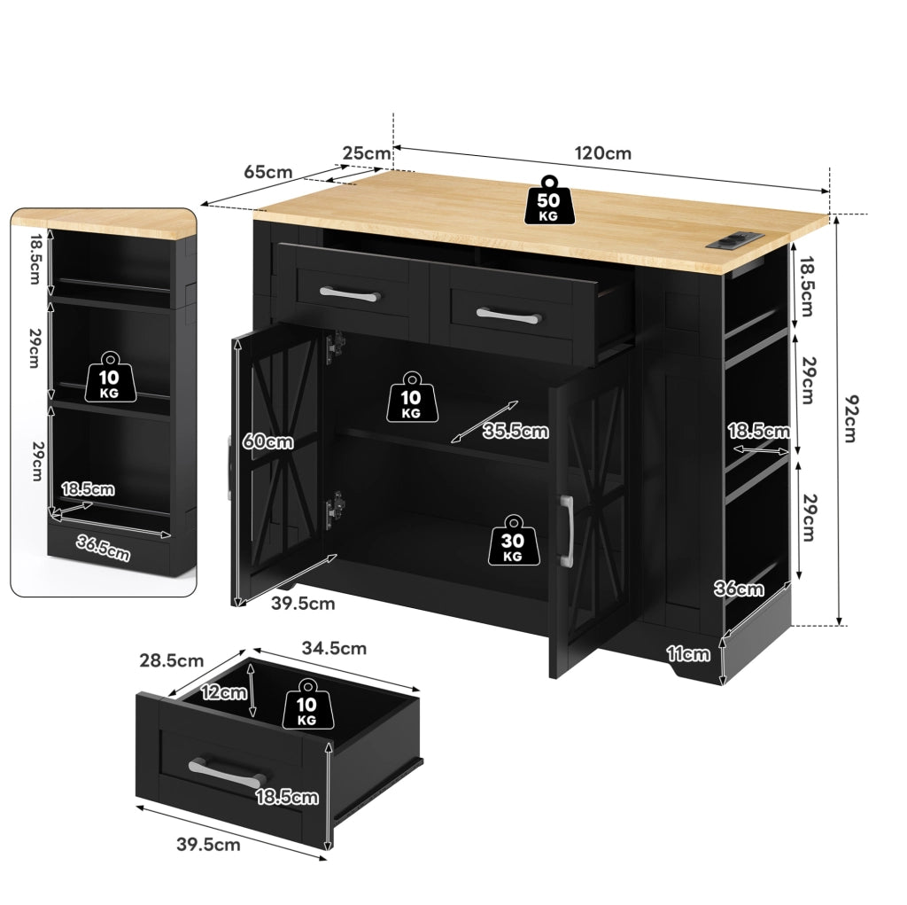 Isola cucina mobile 120x40(65)x92 cm con piano ribaltabile; prese AC e USB in MDF nero e naturale