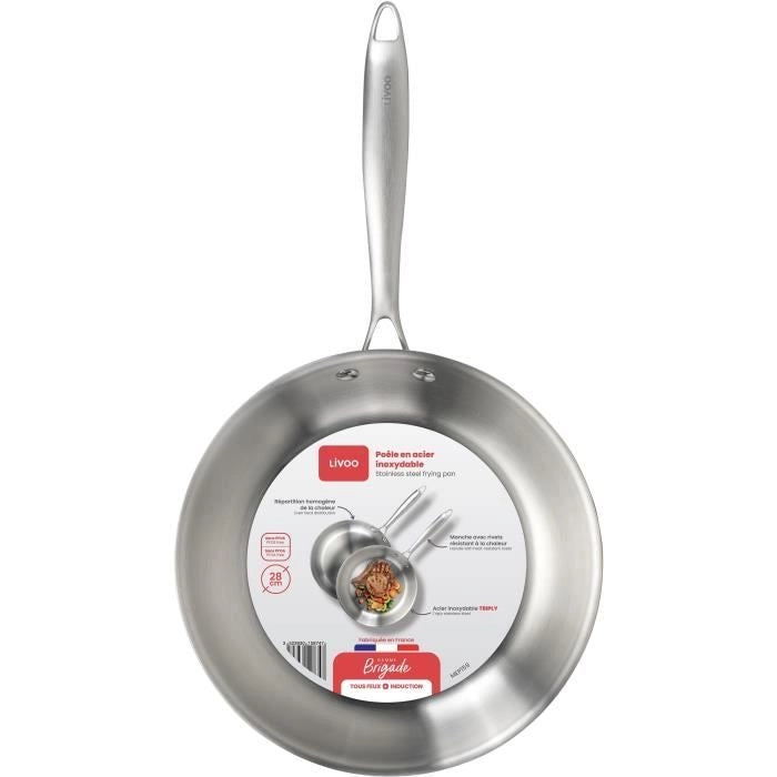 Brigade - Padella in acciaio inox 28 cm - LIVOO - MEP159 - Triplo strato in acciaio inox - Adatta a tutti i piani cottura, anche a induzione - Prodotto in Francia