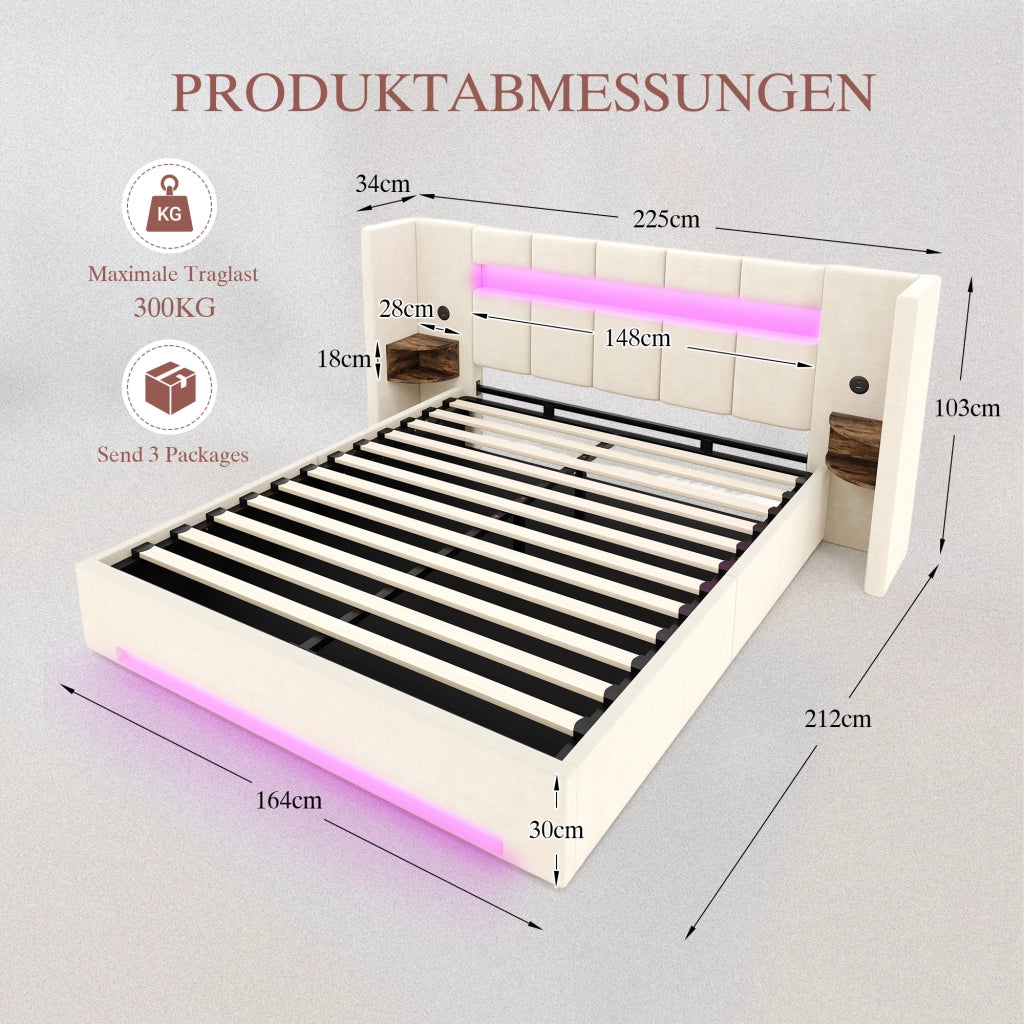 LETTO Contenitore 160x200 cm in velluto beige con USB, LED e idraulico