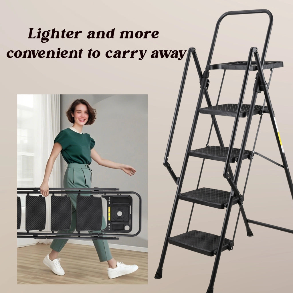 Scala Pieghevole 4 Gradini con Maniglione ¨C MINIMAL ¨C Acciaio, Antiscivolo, Nero