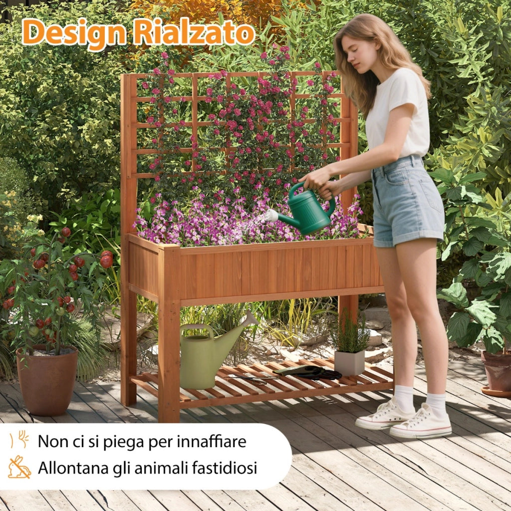 Letto da giardino rialzato con traliccio, Fioriera alta in legno con mensola di stoccaggio e fori di drenaggio Marrone-Fioriere
