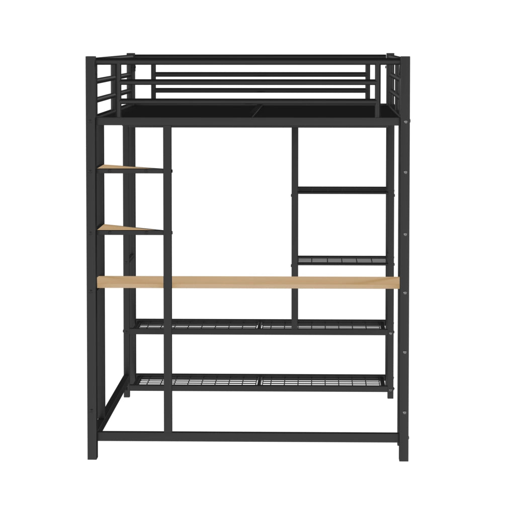 Letto a soppalco 140x200 cm con scrivania e ripiani in metallo nero