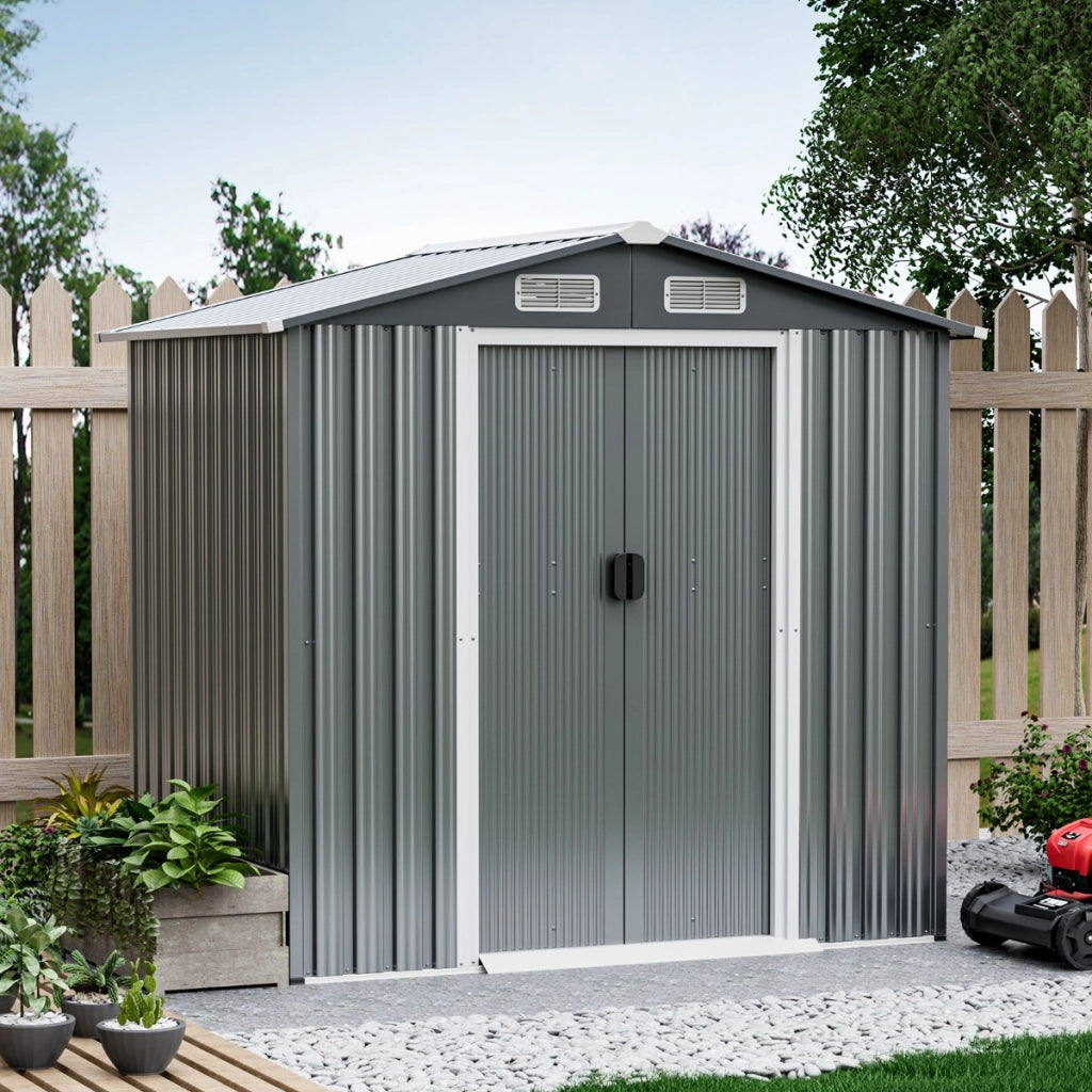 Capanno resistente alle intemperie porte scorrevoli con serratura, Capanno da giardino 196x142cm di attrezzi Grigio scuro-Casette da giardino