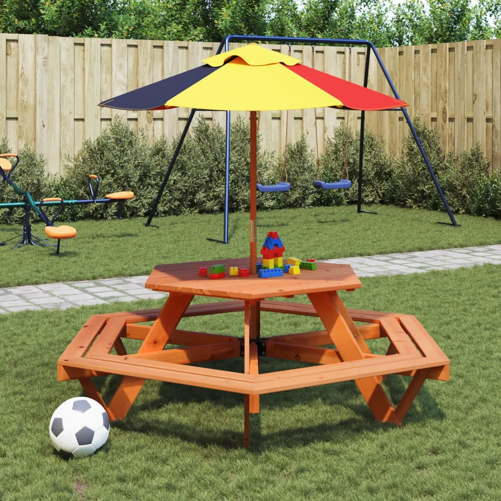 vidaXL Tavolo Picnic per 6 Bambini con Ombrellone Esagono Legno Abete