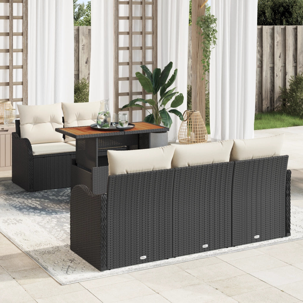 Set di 6 Pezzi di Divano da Giardino con Cuscini Nero Polyrattan Acacia