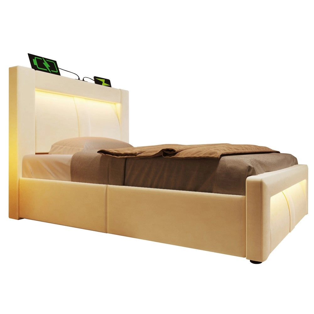 Letto Singolo Contenitore Imbottito con LED ¨C MINIMAL ¨C Velluto Beige, 90x200, Idraulico, con Materasso