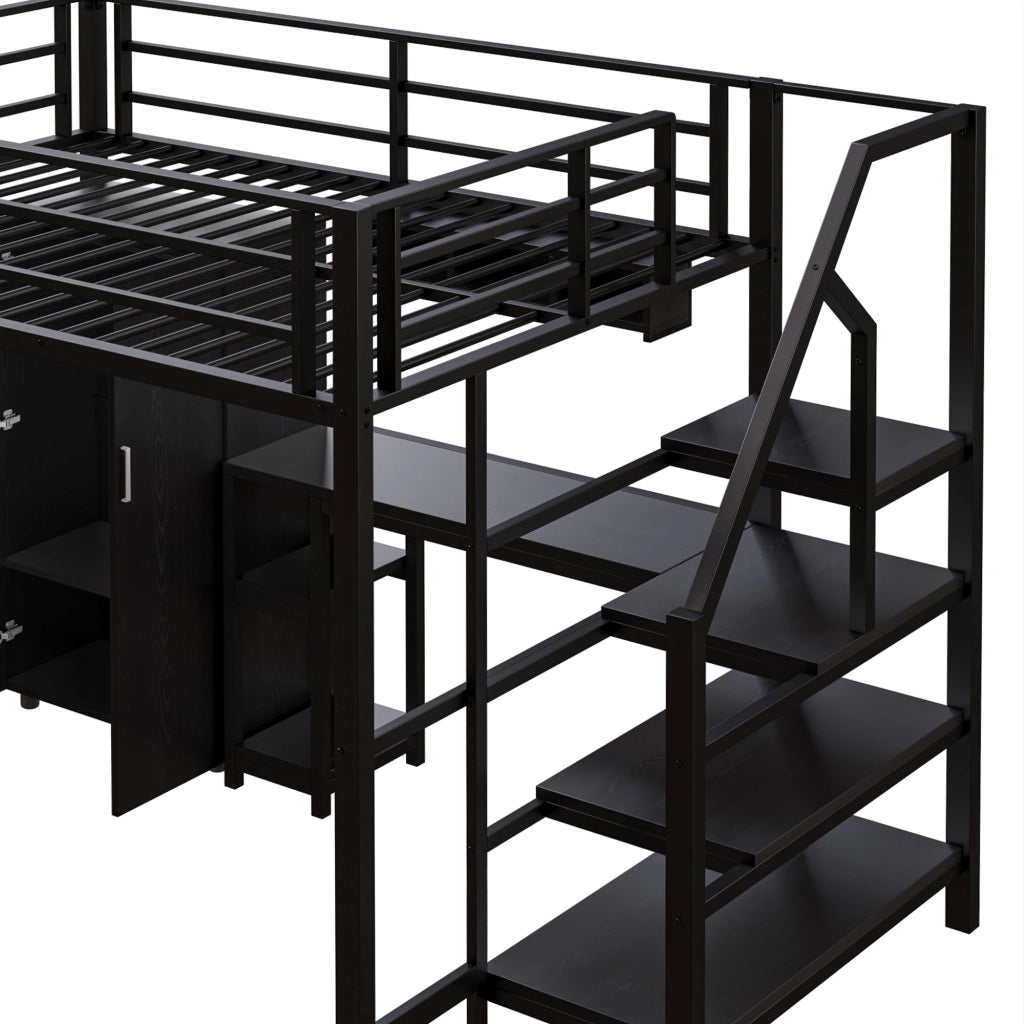 LETTO A CASTELLO 140x200 cm Nero in metallo con scrivania, armadio e ripiani