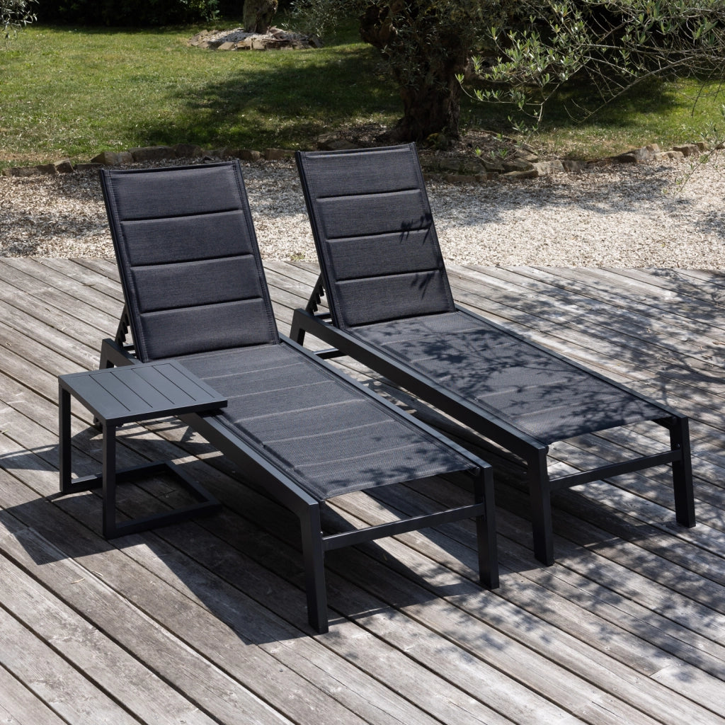 Set di 2 lettini BARBADOS in textilene nero eTavolino - alluminio grigio antracite