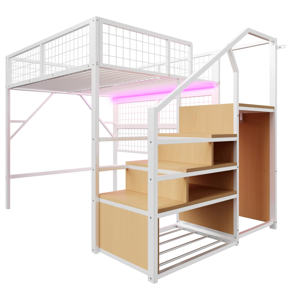OKWISH Letto soppalco 140×200 cm, Letto Matrimoniale con Scala con Contenitori, LED con App e Rete di Sicurezza, senza Materasso, Bianco