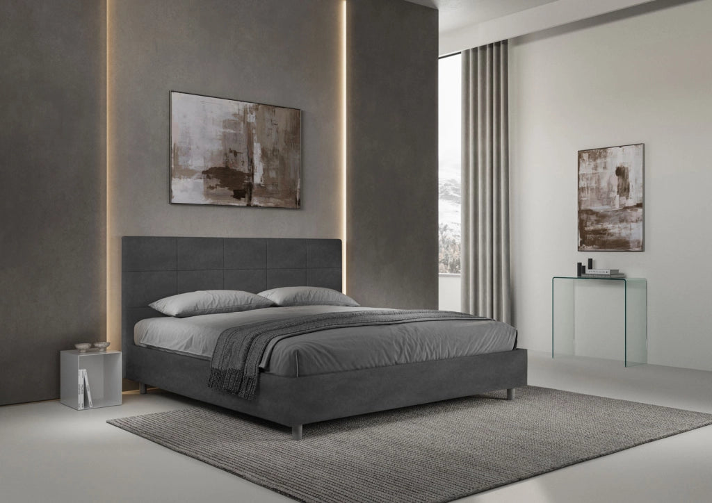 BS COM Letto matrimoniale king size con rete imbottito 200x210 microfibra grigio
