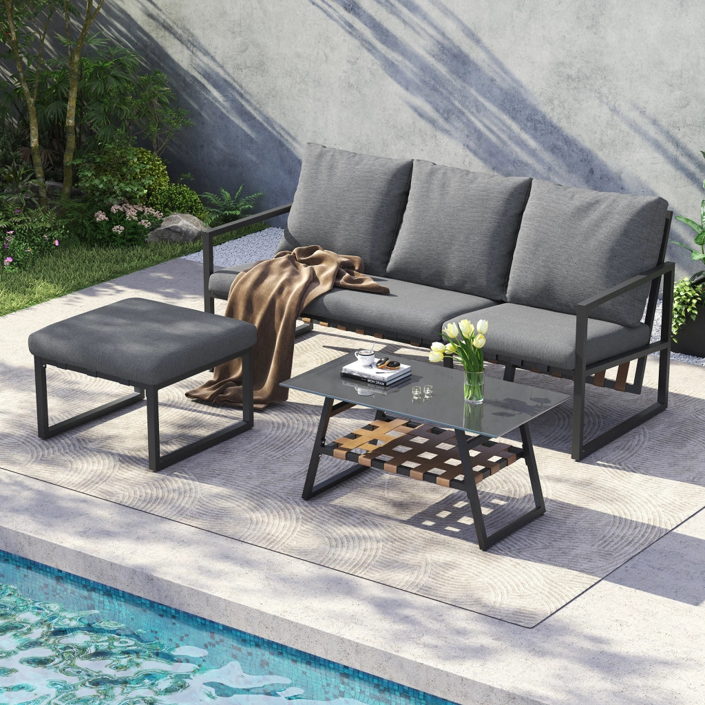 Set di mobili da giardino set d'angolo divano + tavolino da caff¨¨ + sgabello tubo in acciaio zincato piano tavolo in vetro adatto a giardini piscine e altre aree esterne grigio