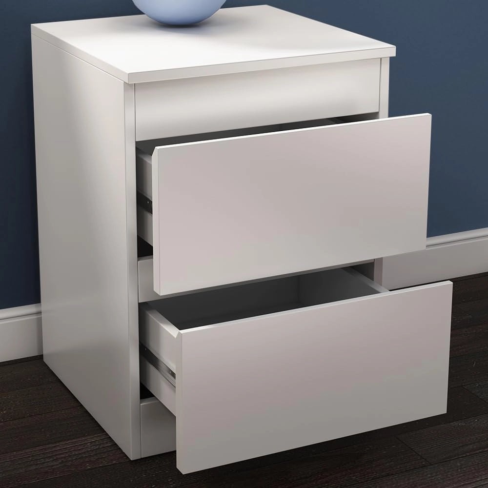 Comodino Calisto, Bianco, 40 x 55 cm, con superficie d'appoggio e passacavi per dispositivi