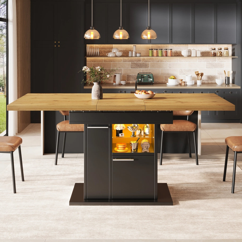 Tavolo da pranzo allungabile con vano contenitore e LED, ripiani in vetro, per 4-6 persone, in MDF nero 140 × 80 × 77,2 cm
