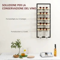 Portabottiglie da Parete in Legno e Acciaio per 15 Bottiglie di Vino e 4 Calici, 35x25x86cm