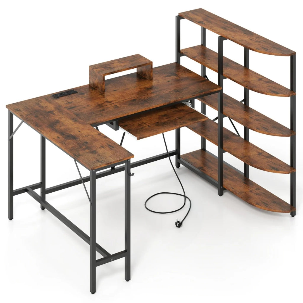 Scrivania a L con libreria e stazione di ricarica 160 x 108 x 109,5 cm design ergonomico moderno legno ingegnerizzato marrone rustico 20_0010907