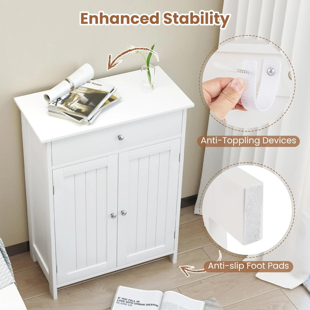 Armadietto bagno autoportante con 2 ante, 1 cassetto e 3 ripiani regolabili, mobiletto base per soggiorno, ingresso, cucina, 60 x 30 x 80 cm (bianco)