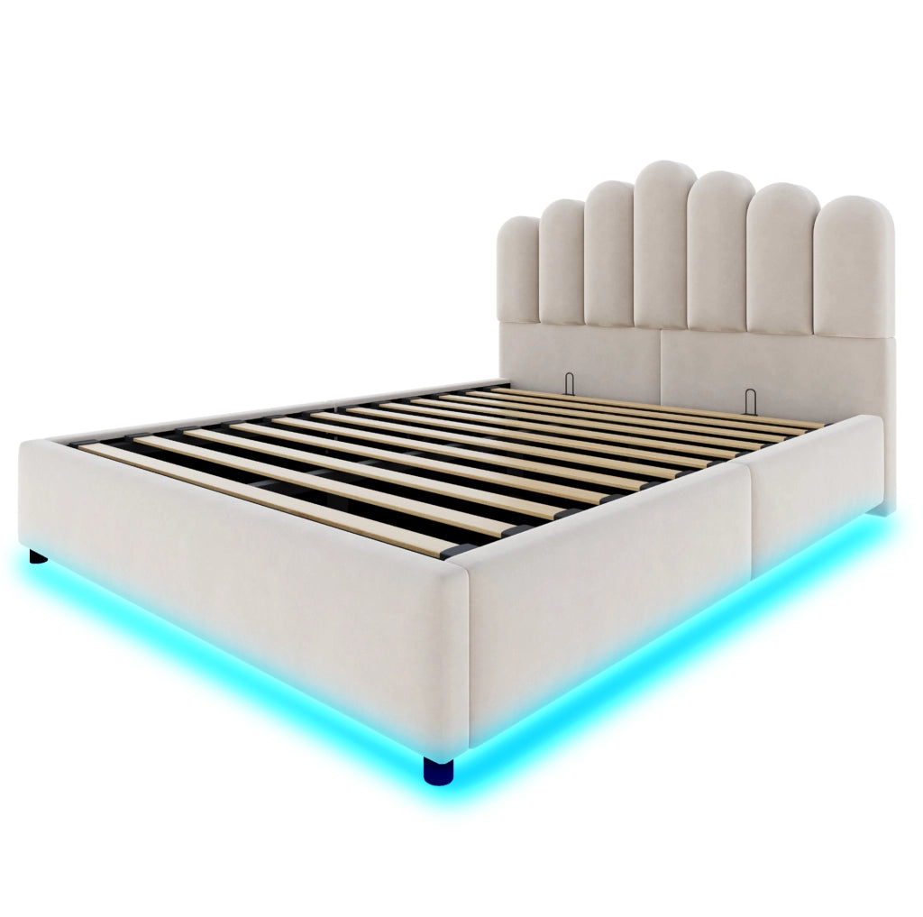 Letto imbottito 140x200 cm con contenitore idraulico; LED e testiera unica in velluto beige