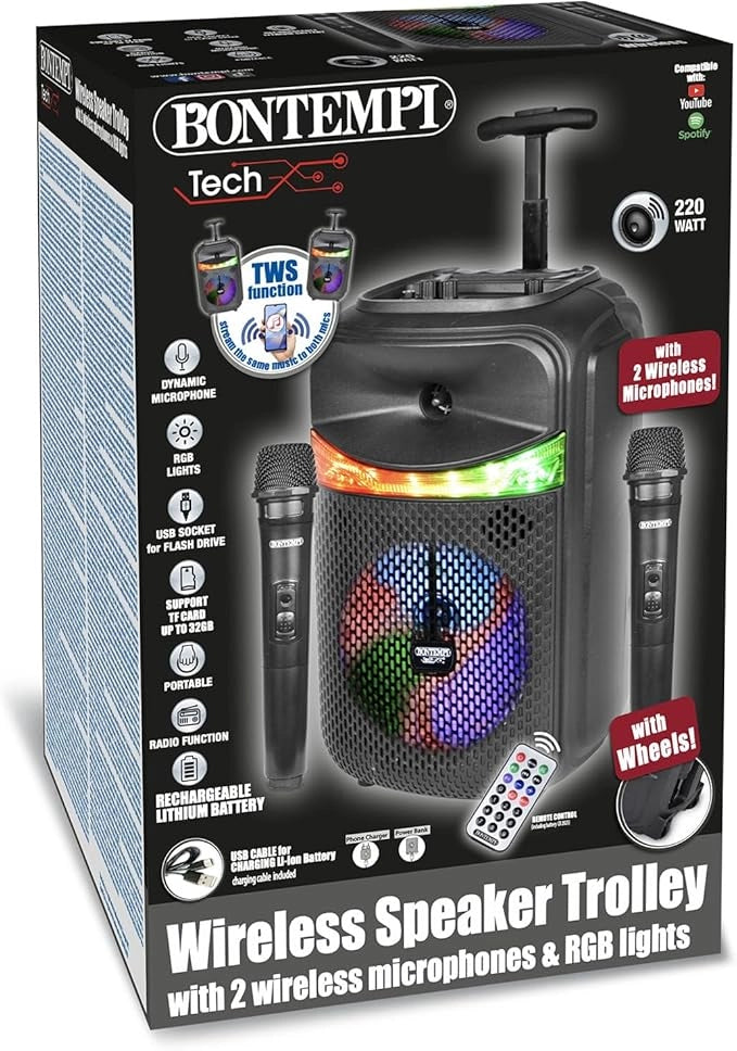 Cassa Trolley Acustica Wireless con 2 Microfoni Senza Filo, Luci RGB, Telecomando, Display, Funzione TWS, 39.5x22.5x19 c