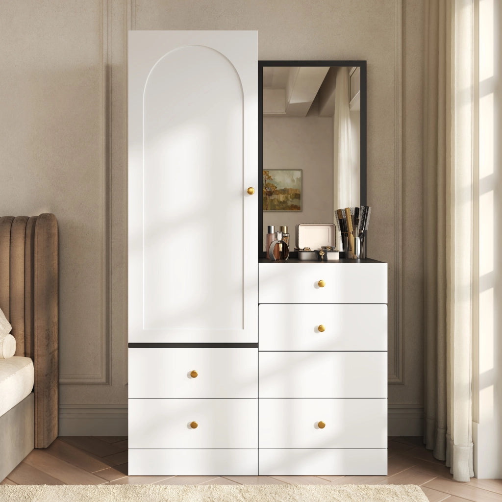 Toeletta con armadio laterale; specchio a figura intera; cassetto compartimentato e sgabello estraibile per camera; 90 × 50;5 × 160 cm