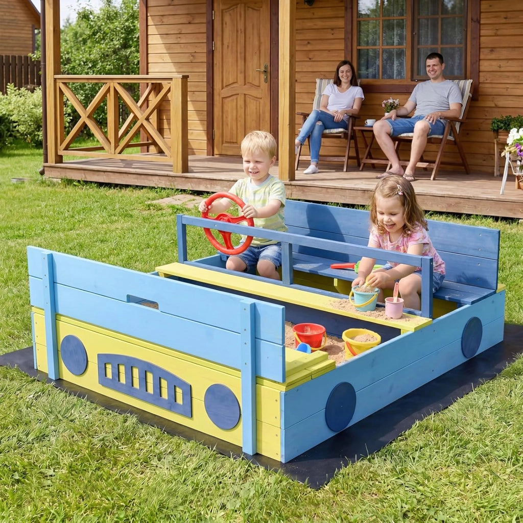 Sabbiera per Bambini in Legno di Abete, Sabbiera da Esterno con Panche e Fodera, Sandbox per Bambini a Forma di Macchina con Volante Rotante, 118x100x40 cm