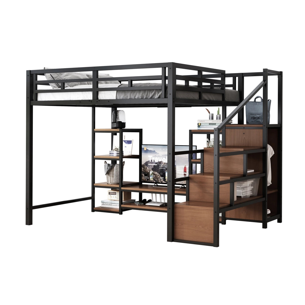 Letto a soppalco 140×200 cm con supporto TV; presa di corrente e scala; senza materasso; metallo; nero