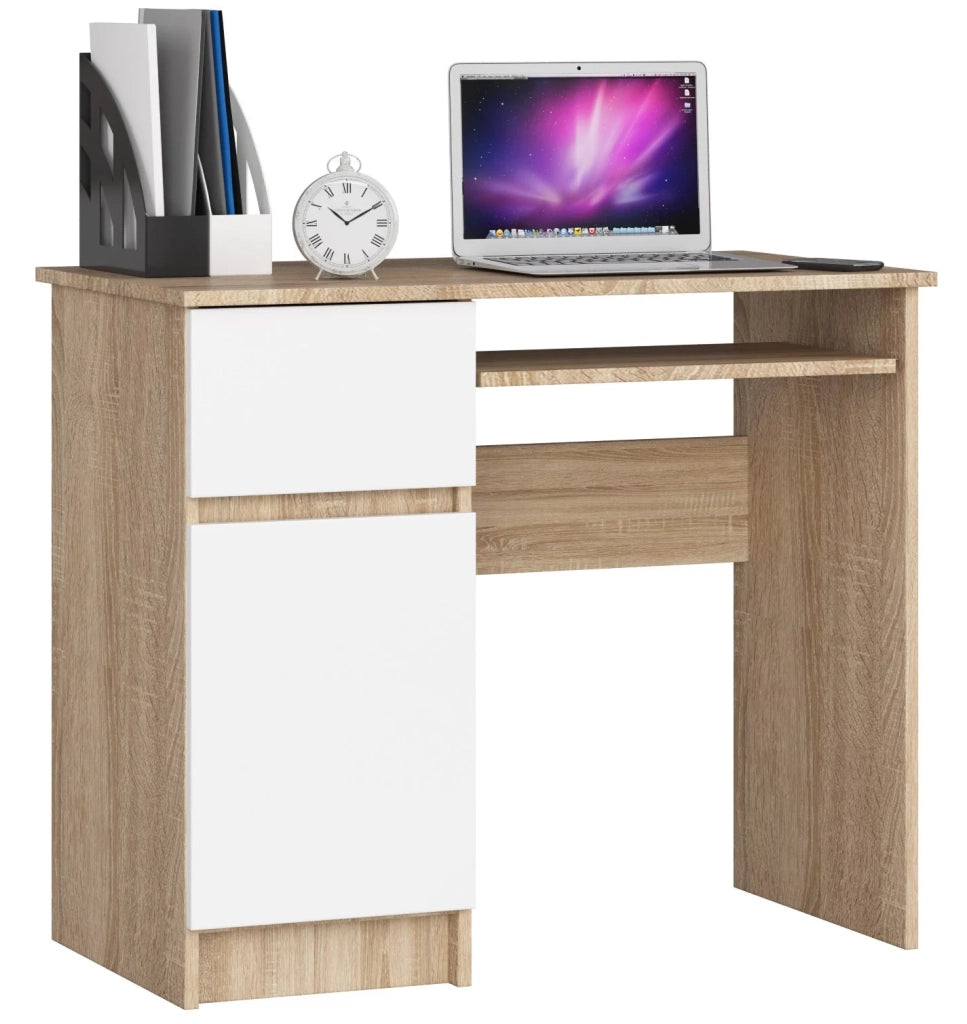 Scrivania per computer AKORD PIKSEL Sonoma Quercia 90 cm 1 anta 1 cassetto inserto frontale Bianco 90x50x77 cm Modello a sinistra
