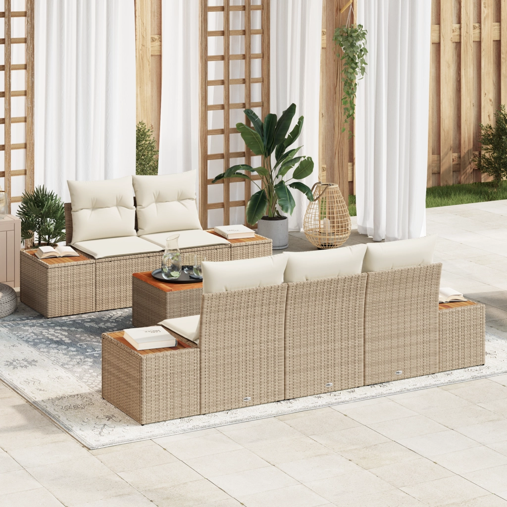 Set di divani da giardino 6 pezzi con cuscini beige in rattan sintetico e acacia