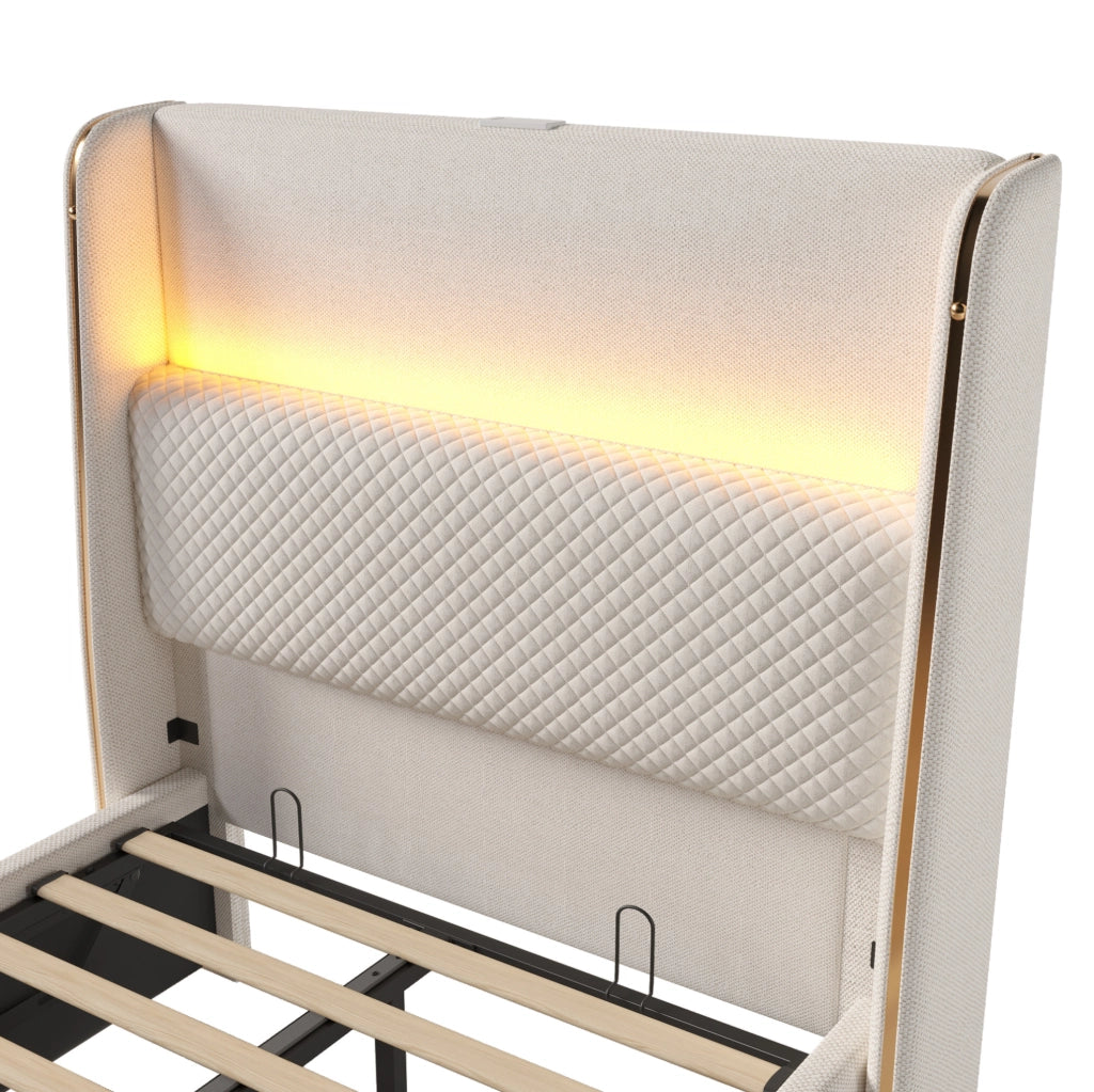Letto matrimoniale singolo 90x200 cm con testiera alta; LED; stoccaggio e porte USB Type C; beige