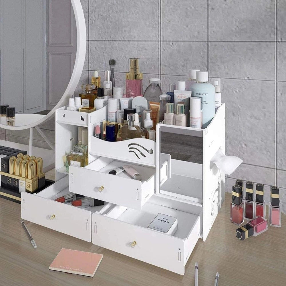 Trade Shop - Organizer Compatto Multistrato Con Specchio Cassetti Per Trucco Accessori Gioielli -
