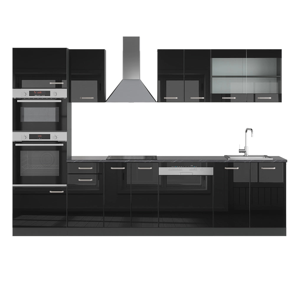 Vicco Cucina componibile Nero lucido/antracite 300 cm con armadio alto, PL Antracite