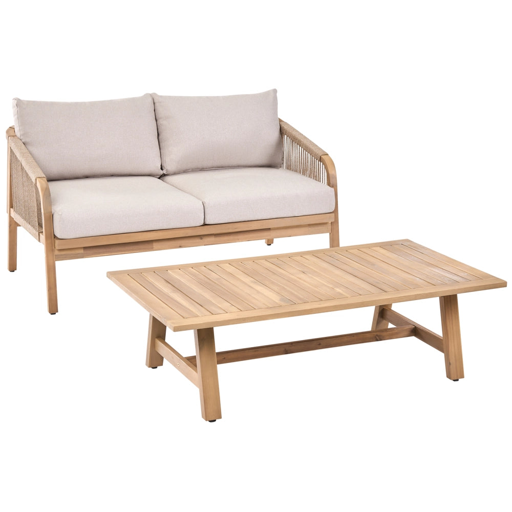 Set da giardino con divano 2 posti e tavolino in legno di acacia con cuscini beige chiaro design moderno per esterni