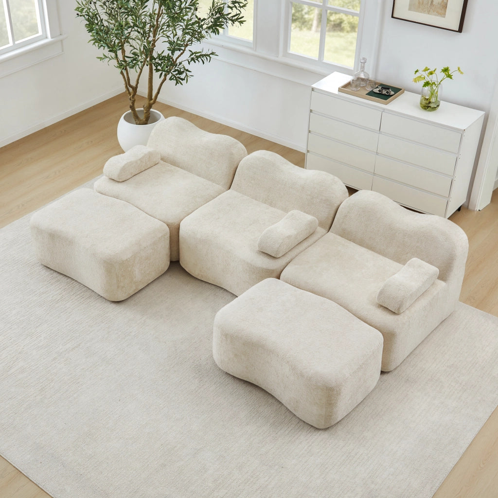 Divano modulare a U 3 posti senza struttura con pouf e cuscino bracciolo in velluto beige