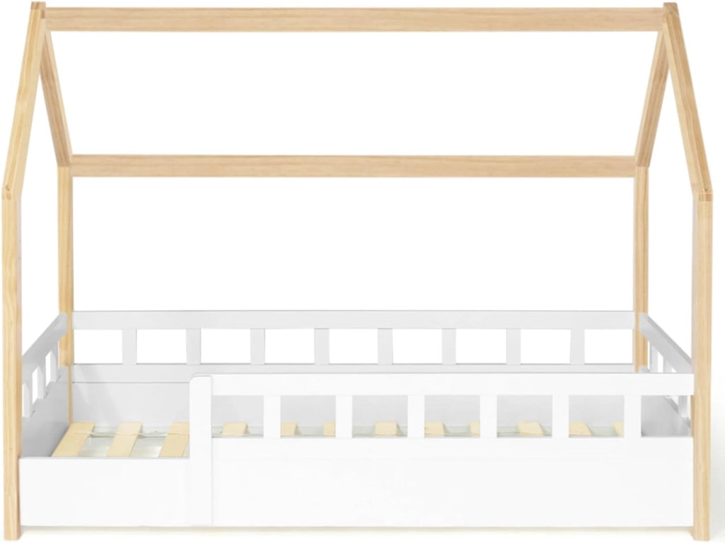 Cama camarote infantil 80 x 160 CM NEREE blanco y haya con somier y barandillas