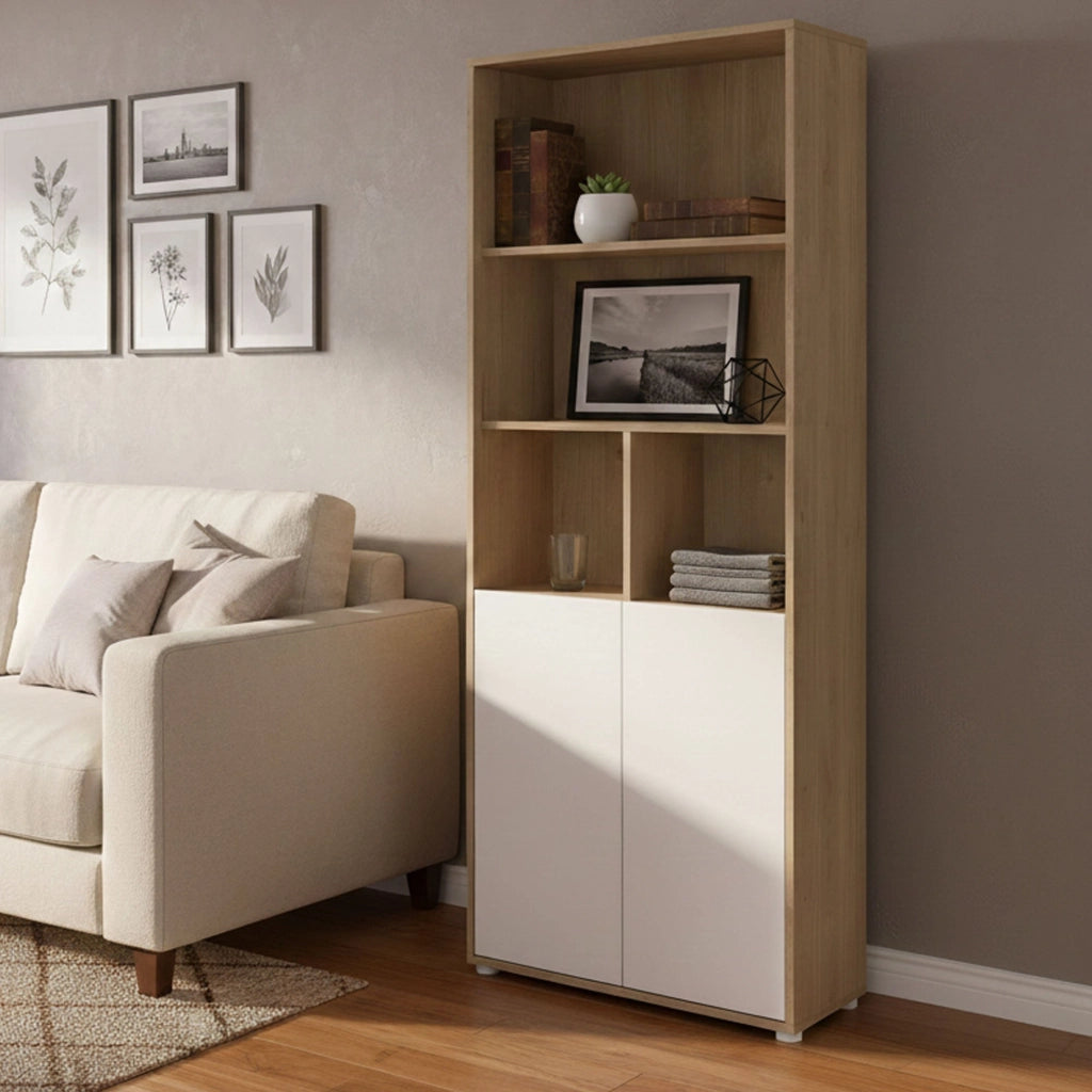Libreria Arancio, Scaffale da ufficio, Mobile portalibri, Biblioteca, 80x34 h205 cm, Rovere e Bianco