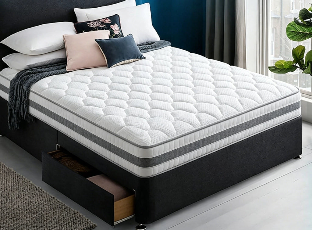 Materasso 90 × 200 cm in schiuma e molle insacchettate, alto 25 cm, rivestimento traspirante Oeko-Tex, bianco