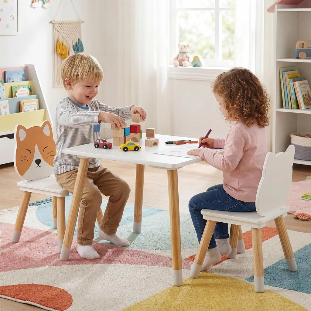 Set Tavolo e Sedie per Bambini 3+ Anni, Set Tavolino e Sedia in Legno a Forma di Gattino, Angoli Arrondati, Sedia Ergonomica con Schienale, Ideale per Giocare, Disegnare e Leggere