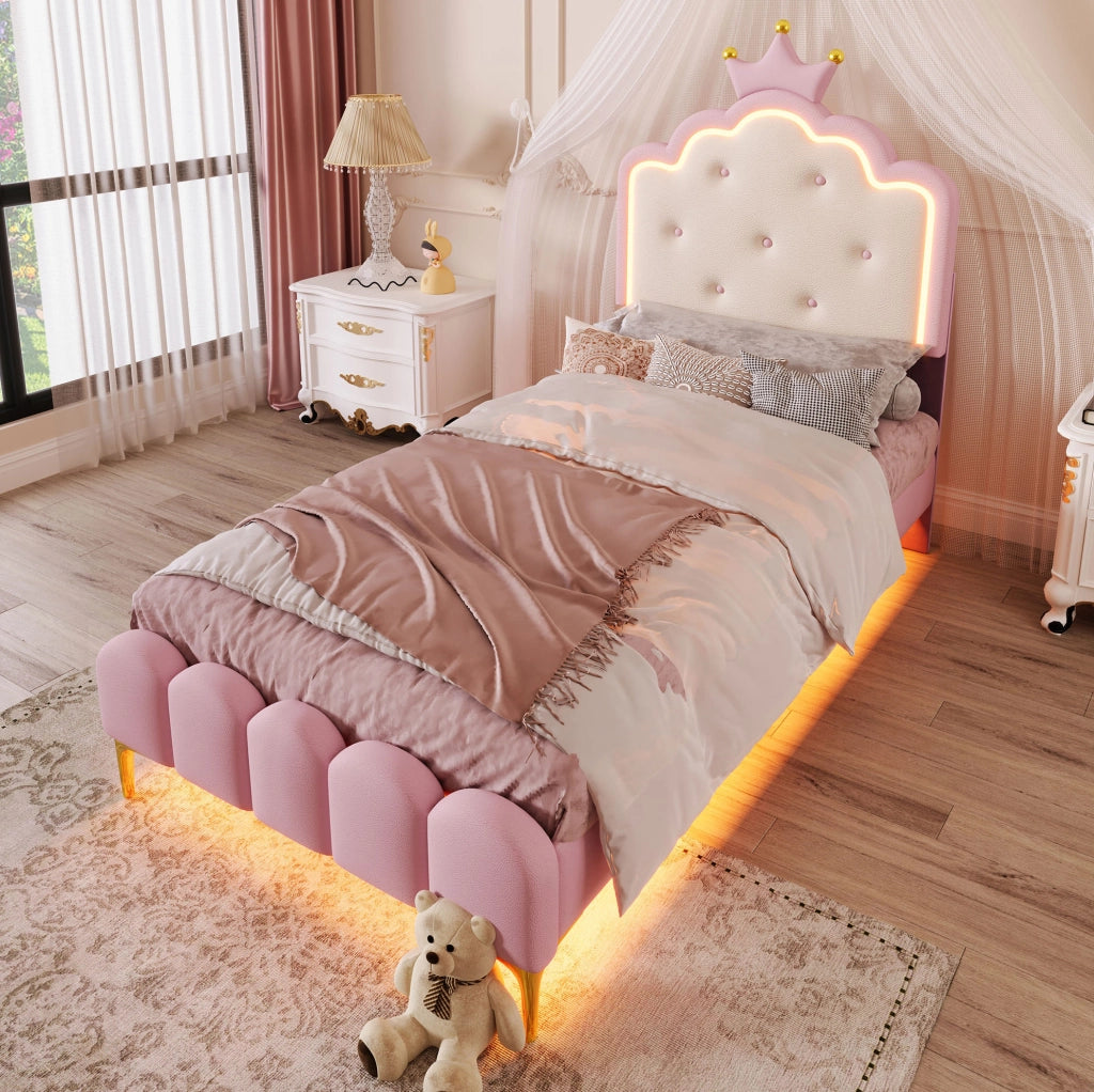 Letto imbottito principessa 90x200 cm rosa con LED