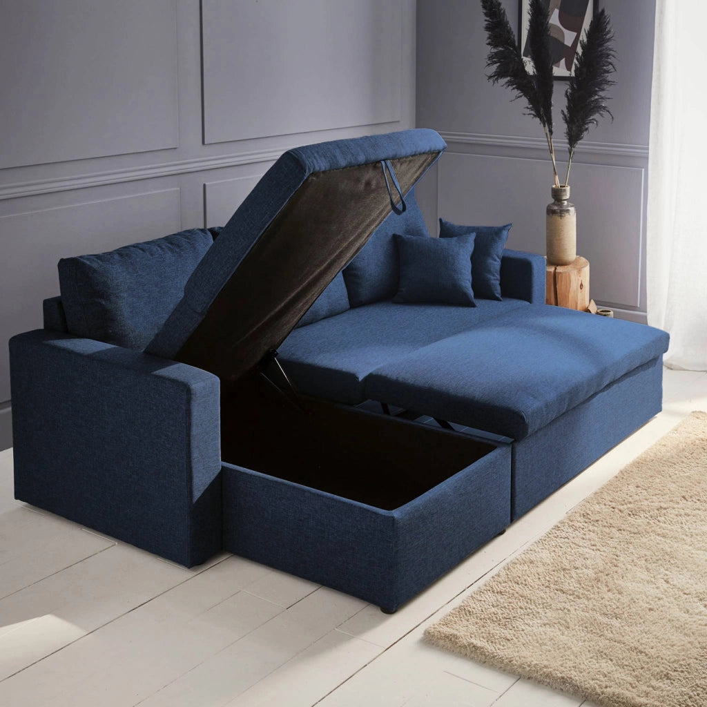 Divano letto angolare reversibile con contenitore, 3 posti, blu