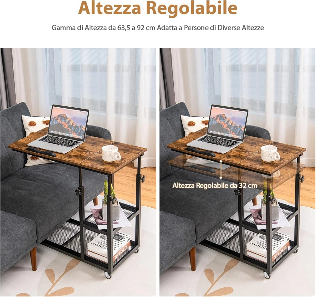 Tavolino Porta PC Regolabile in Altezza e Inclinazione, Tavolo Laterale per Letto e Divano con Ruote, Tavolino in Legno e Metallo per Salotto e Camera da letto, 80 x 40 x 64-95 cm (marrone)