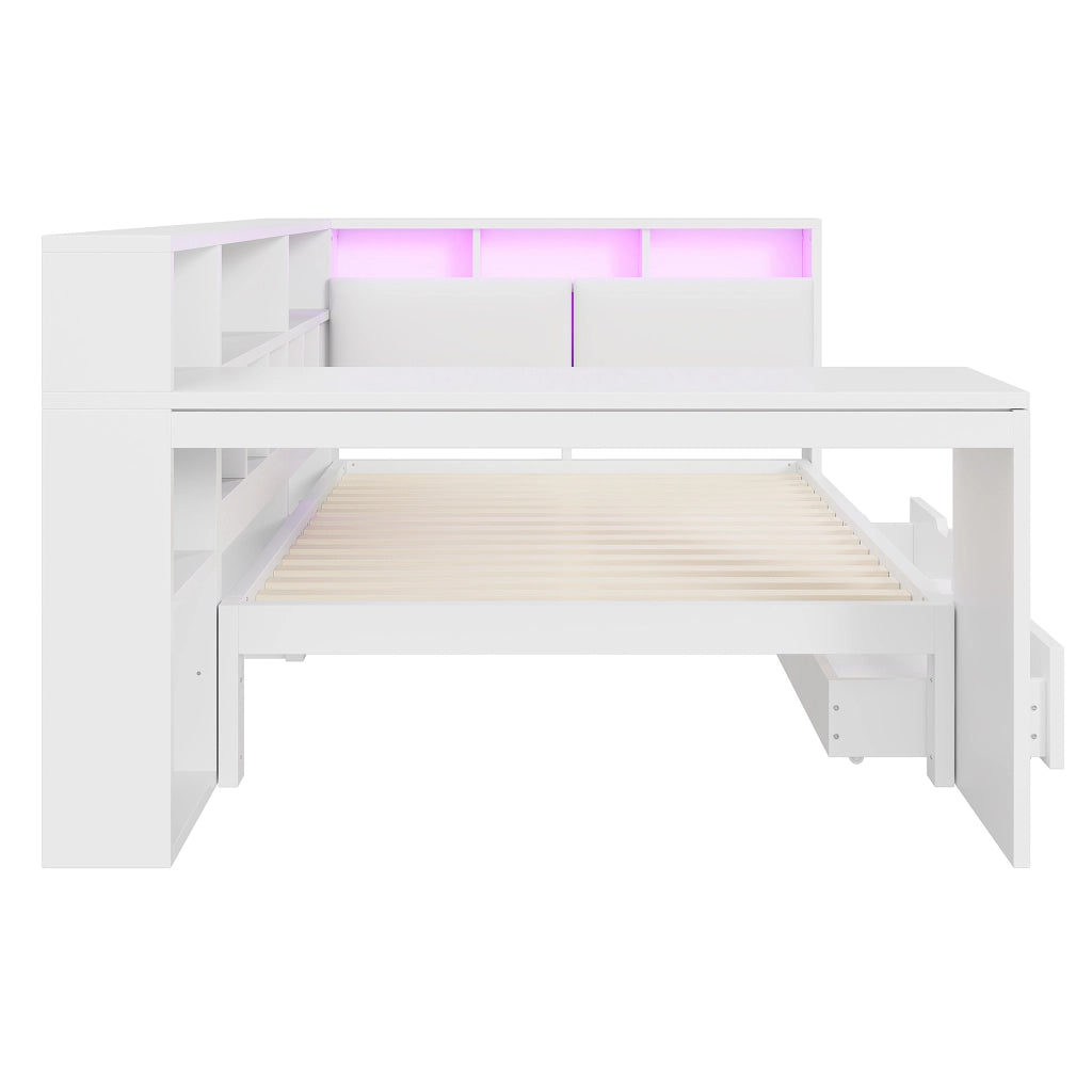 Letto combinato 140 × 200 cm con scrivania, libreria, cassetti, LED e USB, senza materasso, bianco
