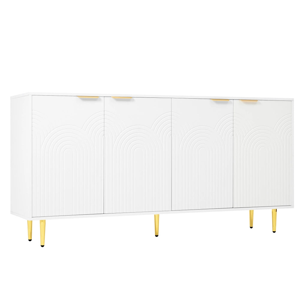 Credenza soggiorno bianca 4 ante con maniglie e dettagli oro, 160x40x80 cm, ripiani regolabili