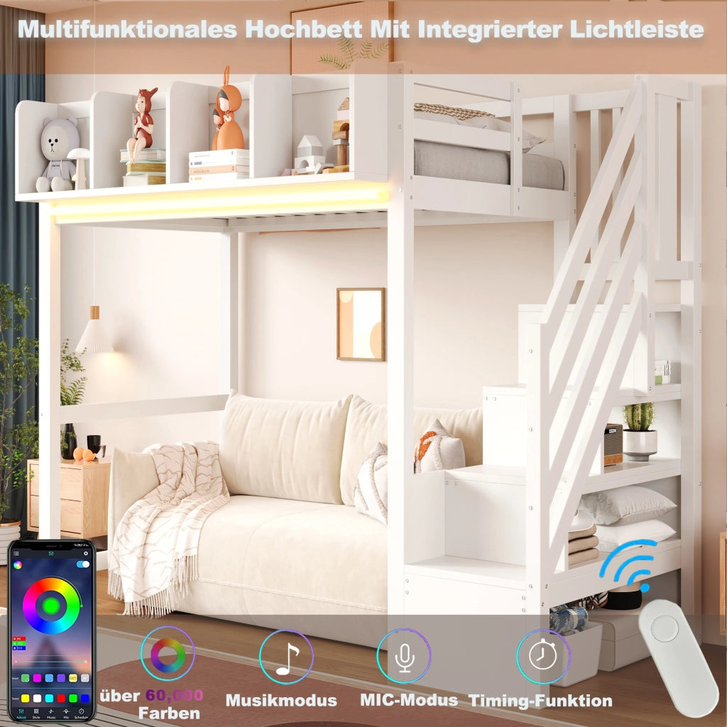 DESMIU Letto a soppalco 90 × 200 cm 1 posto con mensole, LED e scala, senza materasso, in legno, bianco