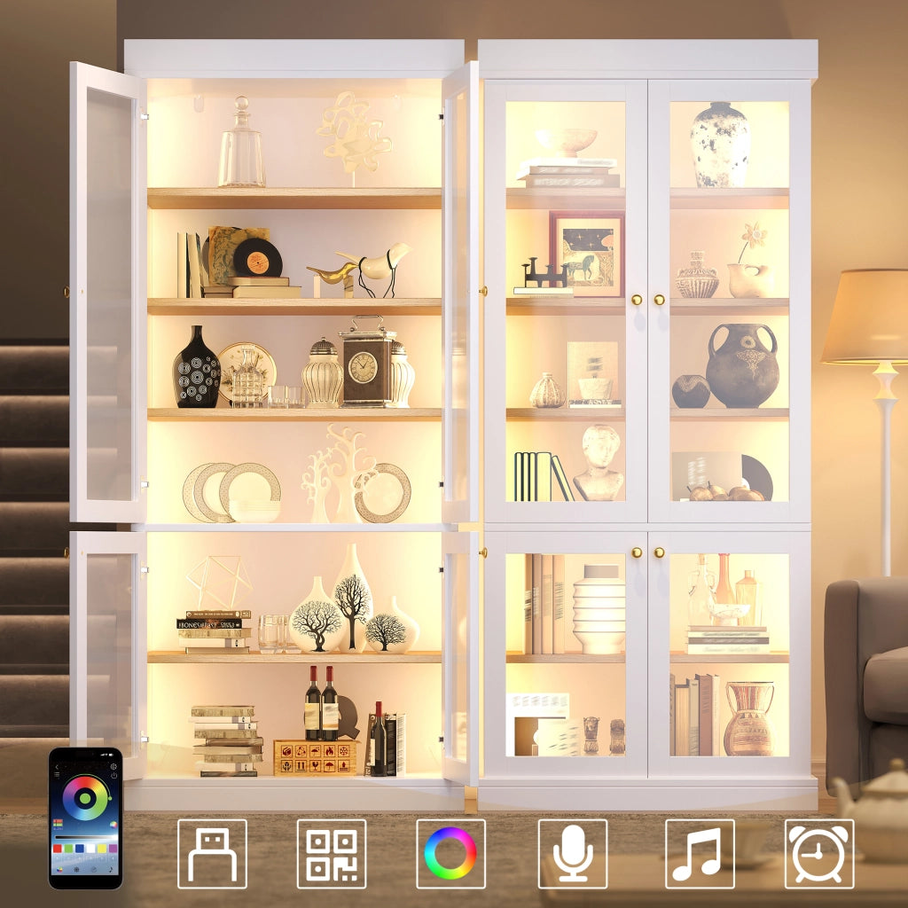 Armadio vetrina con LED multicolore, ripiani regolabili e antiribaltamento, per soggiorno, 160 × 40 × 180 cm