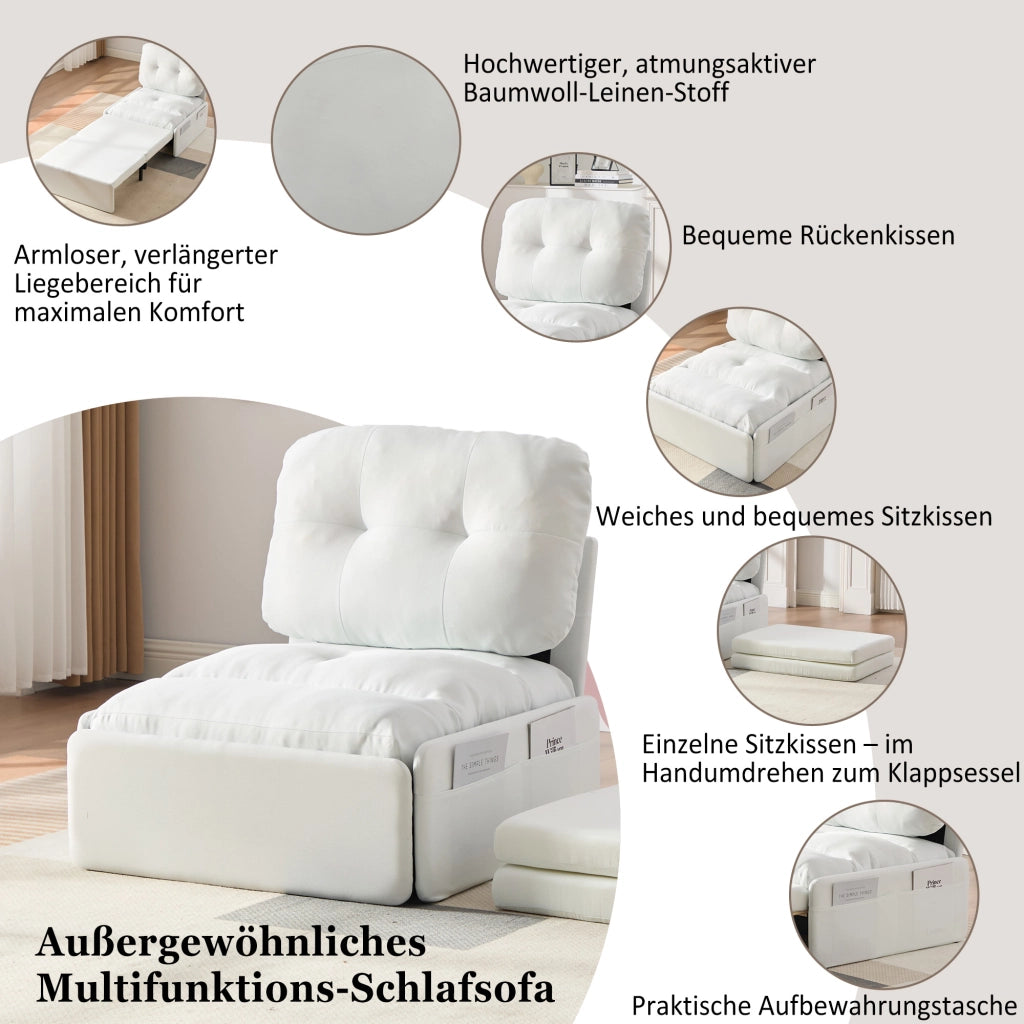 Poltrona letto 2 in 1 estraibile con tasche laterali design senza braccioli per piccoli spazi in lino bianco